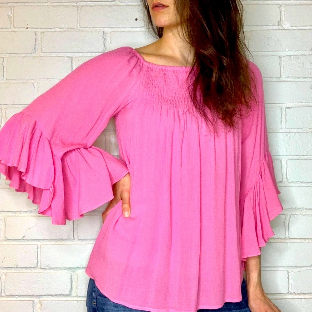 Pink Boho Peasant Crinkle Ruffled Bell Flare Scoop Neck Shirt Top Women Medium